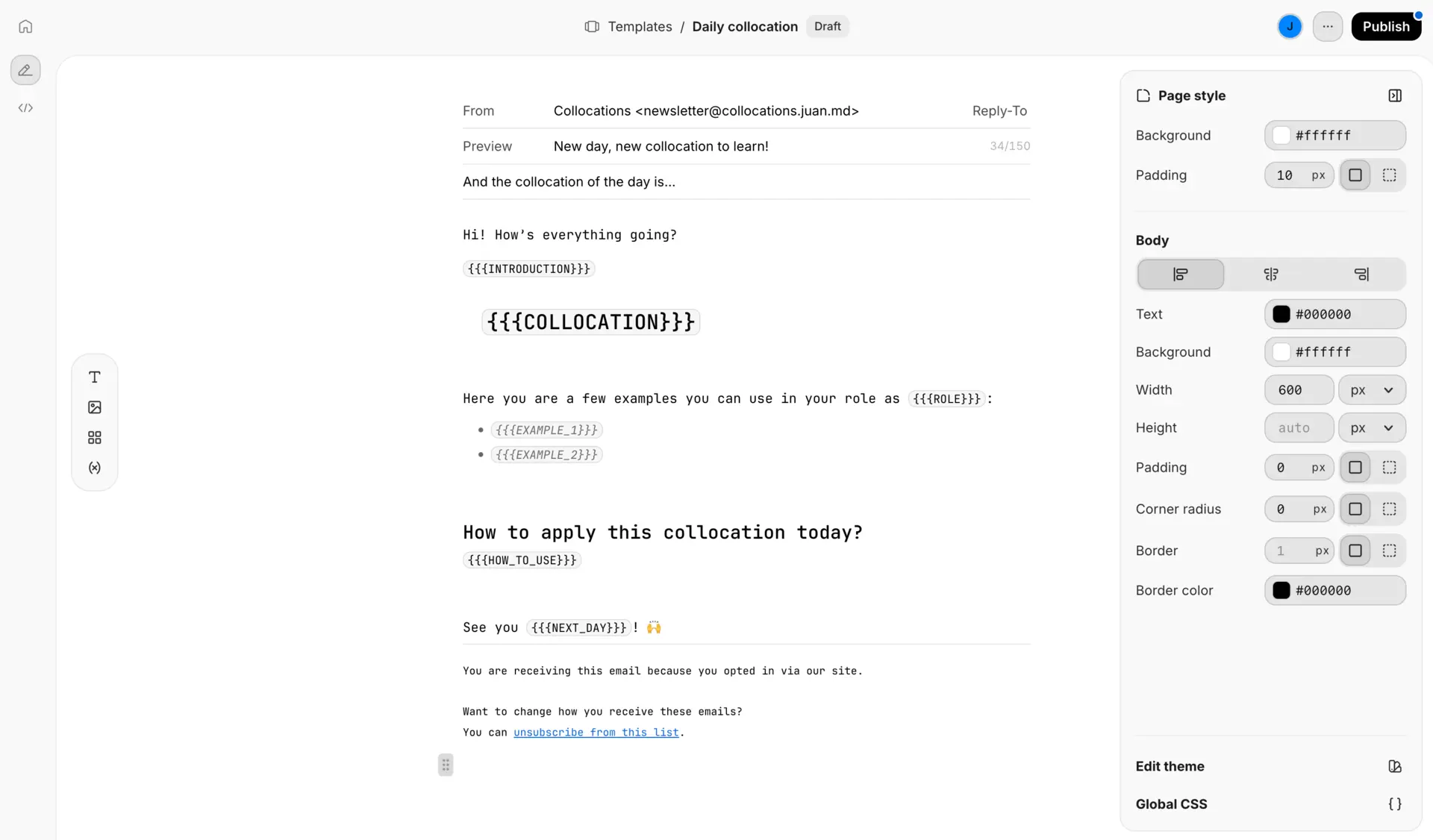 Resend template used for the collocations newsletter